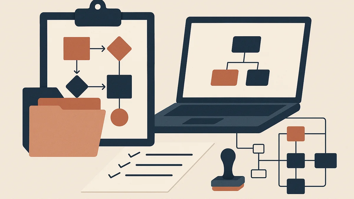 Vector-style illustration of a process map, checklist, folders and document cards showing small business process documentation.