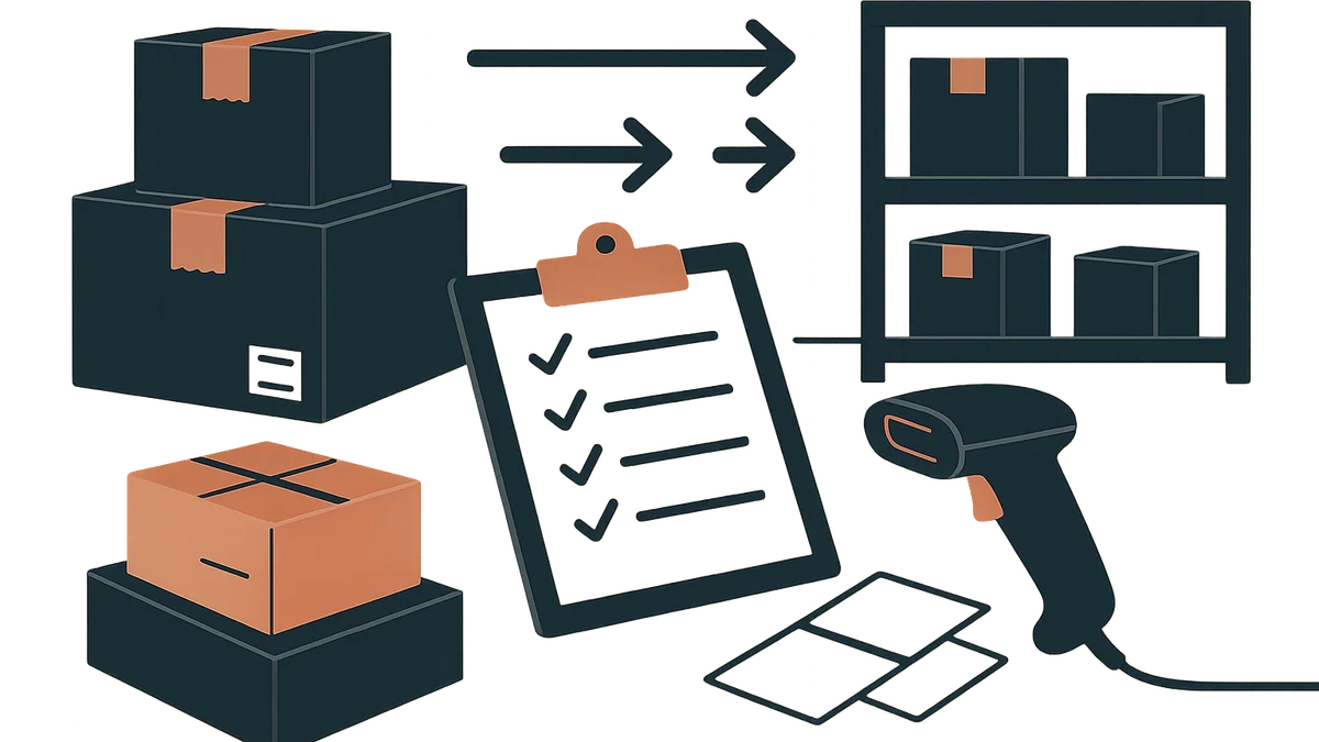 Vector-style ecommerce fulfilment illustration with parcels, checklist, storage boxes and abstract arrows showing stock, dispatch and returns