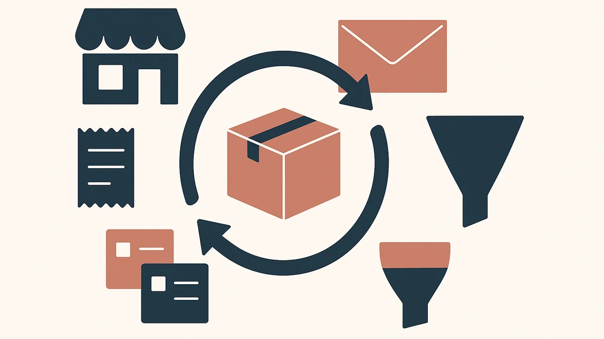 Editorial graphic illustration of repeat purchasing and customer retention around a small business offer, using abstract business icons on an off-white background.