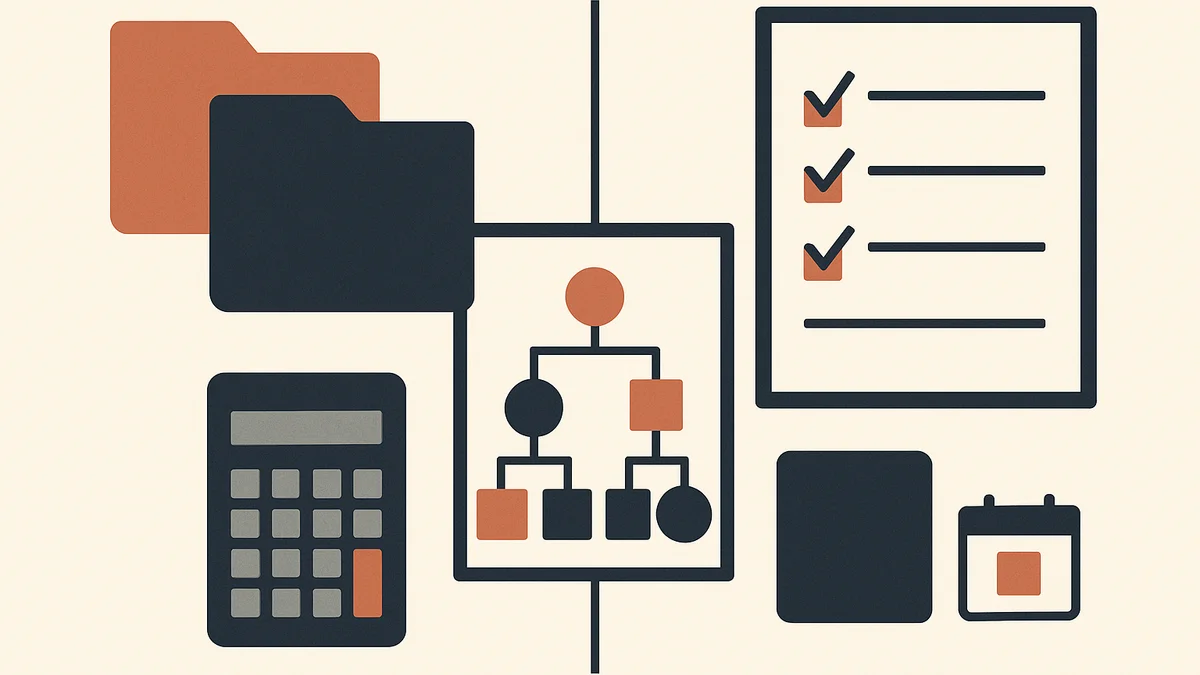Vector-style editorial illustration of two founders’ responsibilities split into folders, checklist, budget and decision diagram on an off-white background