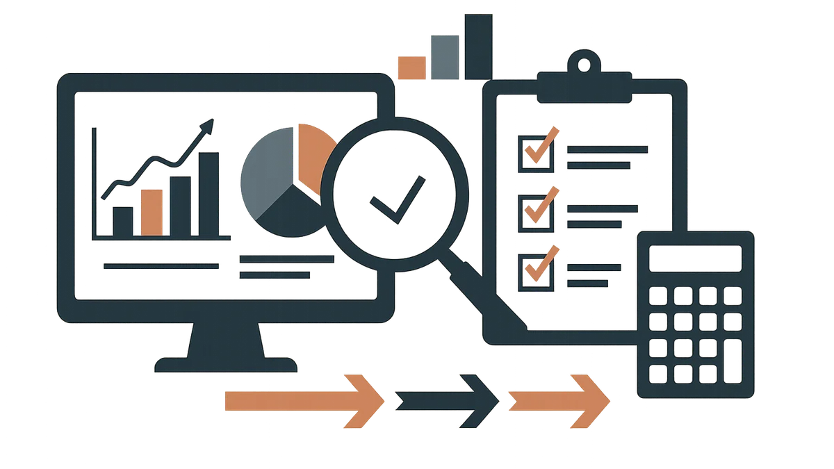 Editorial illustration of an abstract marketing dashboard with charts, a magnifying glass and business tools on an off-white background