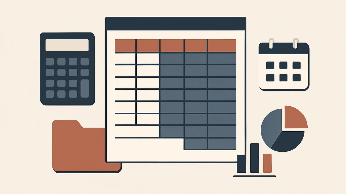 Editorial illustration of an invoice tracking spreadsheet beside a calculator, calendar and folders in a clean geometric business composition.