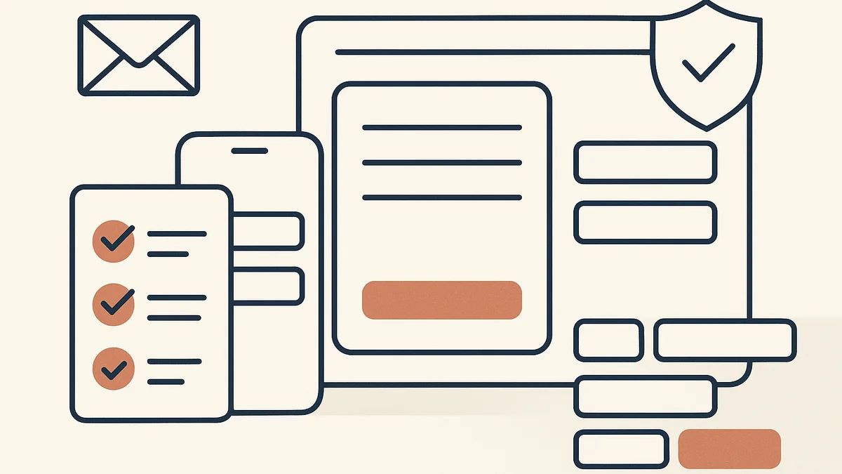 Vector-style illustration of a website contact form improvement concept with abstract form fields, a checklist, an envelope icon and a highlighted button on an off-white background.