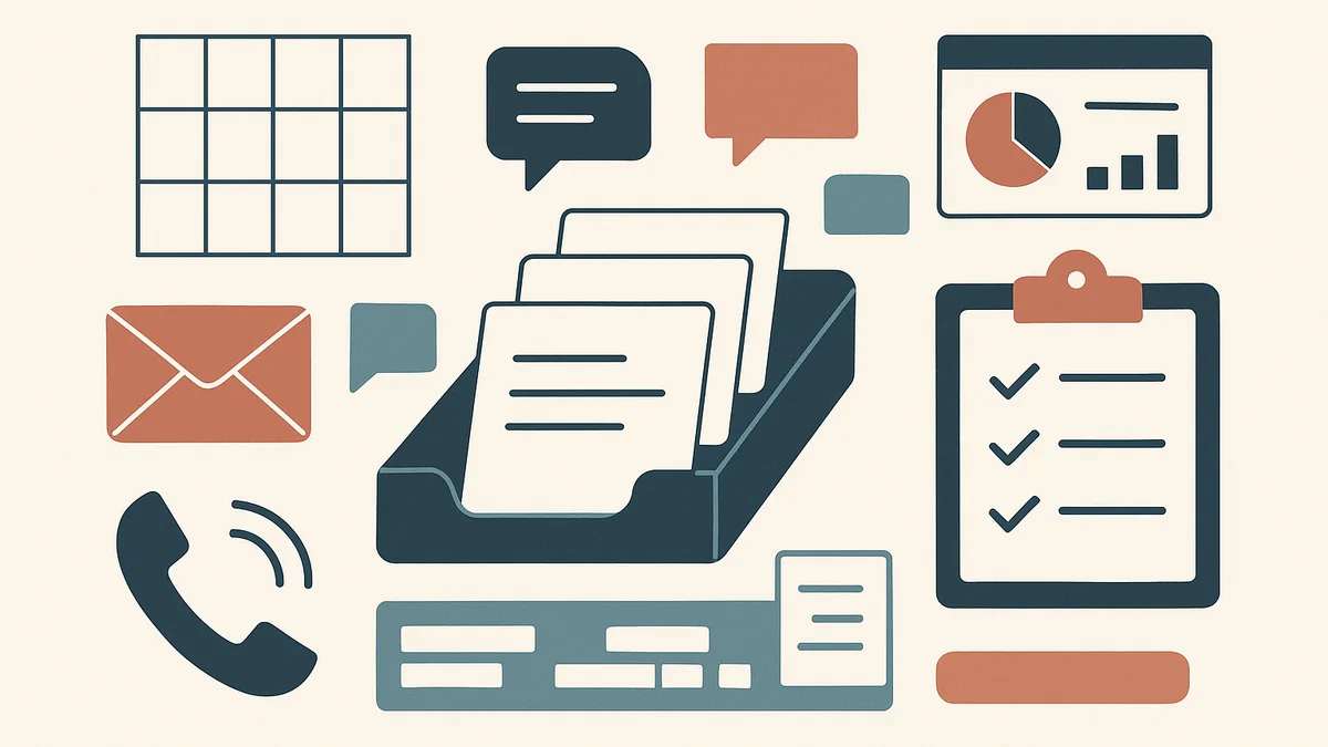 Clean editorial illustration of a central enquiry system with message cards, a spreadsheet grid, a phone icon and a checklist on an off-white background.