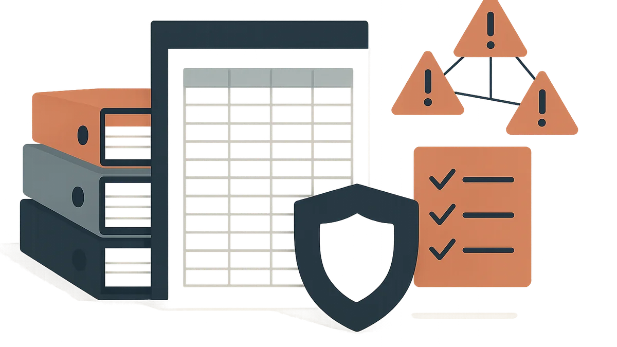 Editorial vector-style illustration of a business risk register with a spreadsheet, shield icon, checklist and abstract warning symbols on an off-white background.