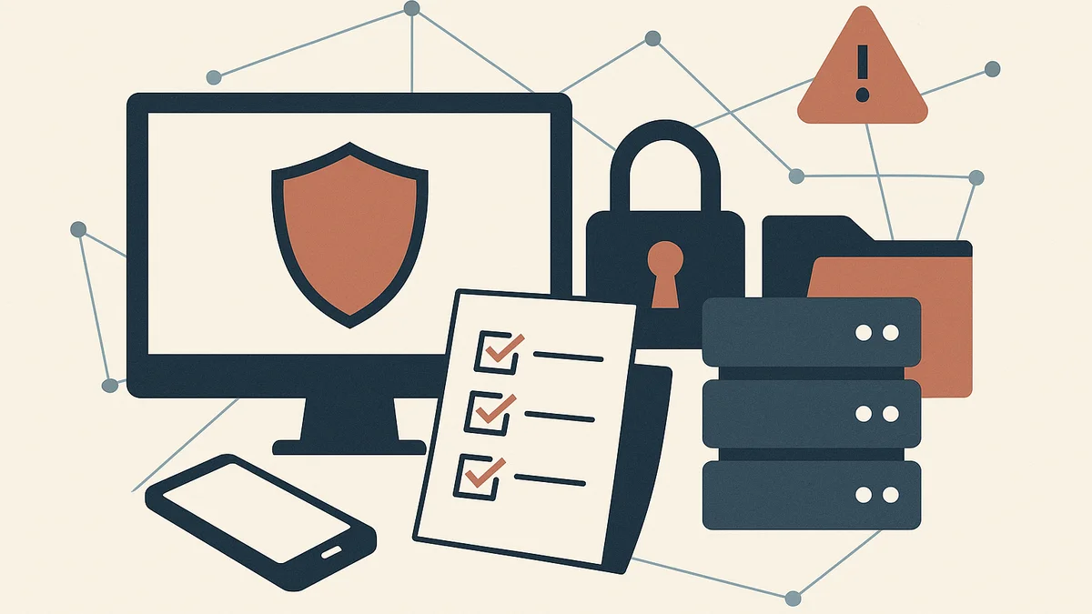 Vector-style illustration of a cyber incident response checklist with shield, padlock, server, device and document icons on an off-white background.