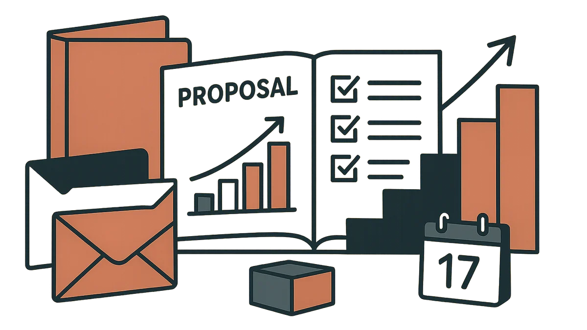 Editorial vector illustration of a sales proposal document, checklist, envelope and calendar arranged in a clean business composition on an off-white background.