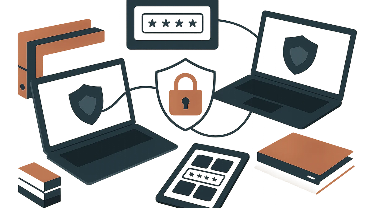 Vector-style illustration of shared business devices, a padlock and connected secure folders on an off-white background